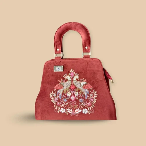 Ethnic Treasures Deep Rust Heritage Peacock Embroidered Velvet Satchel Bag
