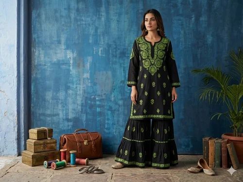 Rayon Kurti Gharara Set, Party, Work: Chikankari