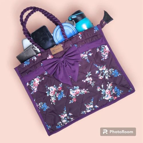 Purple Printed Fabric Quilted Bow Handbag