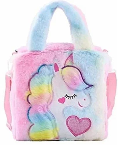 Hemico Square Unicorn Bag, Side And For All Age Group, Soft Fur Bag, Soft Fluppy Fur Bag