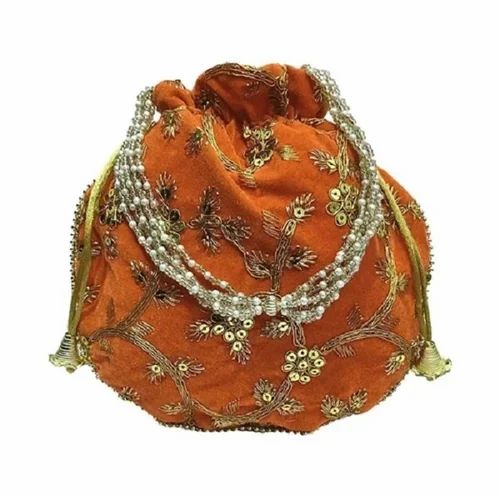 Orange Traditional Indian Potli, Women Handbag, Handmade Bag