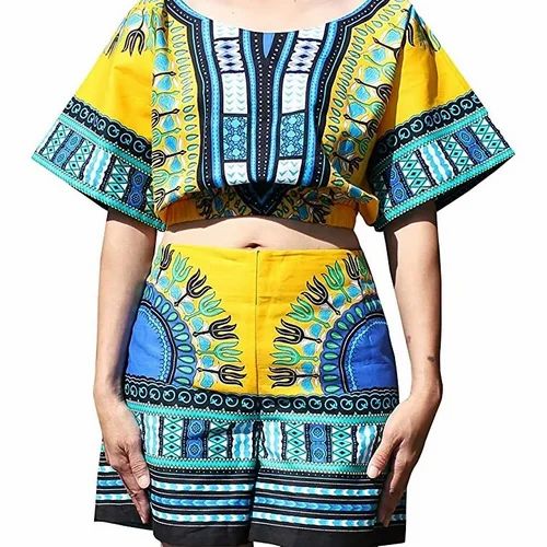African Print Dashiki Two PieceTop Blouse Short Combo Set, Floral