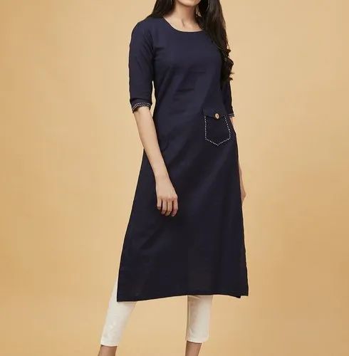 Quarter Sleeves Plain Linen Kurti Top