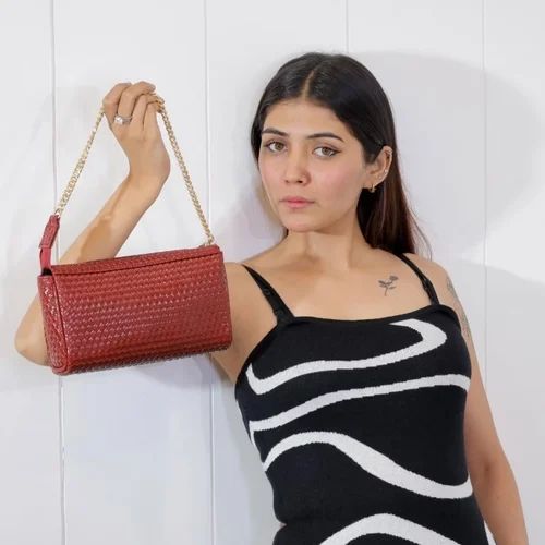 Embellished Leather Maroon Weave Baguette Bag