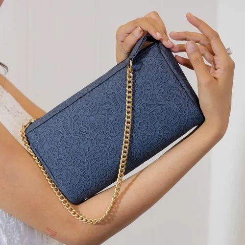 Leather Blue Lace Emboss Baguette Bag