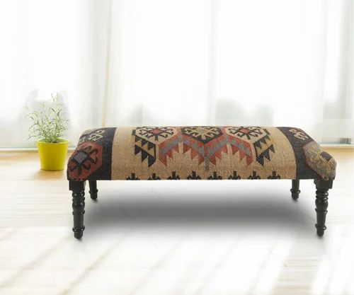 Wool Jute Wood Ethnic Handcrafted Kilim Bench in Multi Colour, Without Backrest, 3 Seater