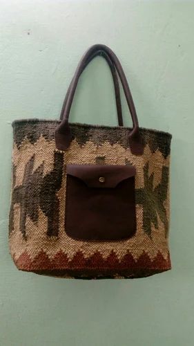 Brown Wool Jute Kilim Leather Hand Bag