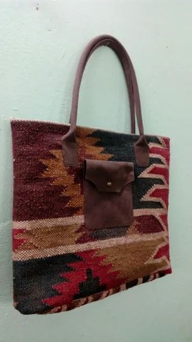 Kilim Wool Rug Leather Bag, 18x12X3inch