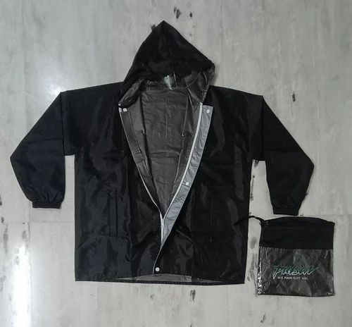 Black Hooded Rain Jacket with Pockets, Polyester
