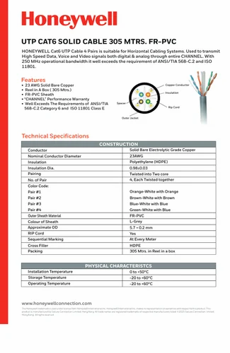 HONEYWELL Cat 6 UTP 4P Solid Cable 24 AWG FRPVC CM 100 M, Copper