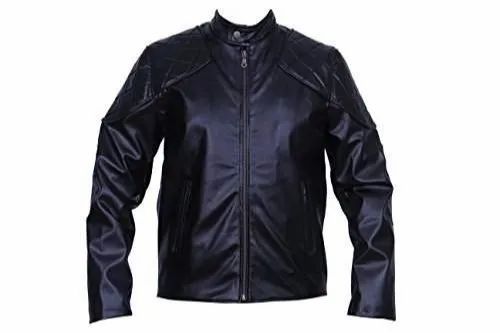 Men Round Black Shoulder Quilted PU Leather Biker Jacket