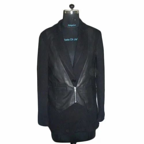 Full Sleeve Ladies Black Wool And Goat Leather Designer Jacket