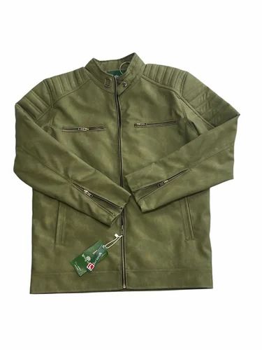 Biker Men Olive Green Faux Leather Jacket