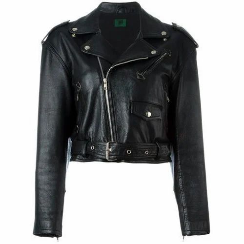 Black Ladies Cropped Biker Jacket
