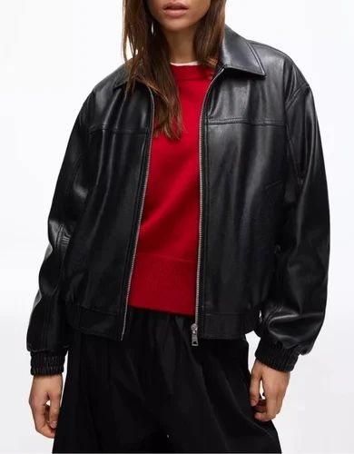 Women's Premium Black Leather Look Bomber Jacket