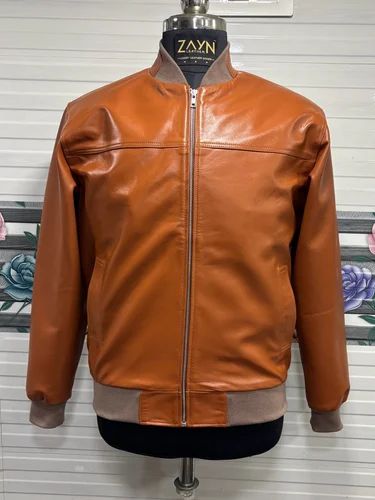 Men Tan Bomber Jacket Pure Lambskin Leather Brown Varsity Style Coat