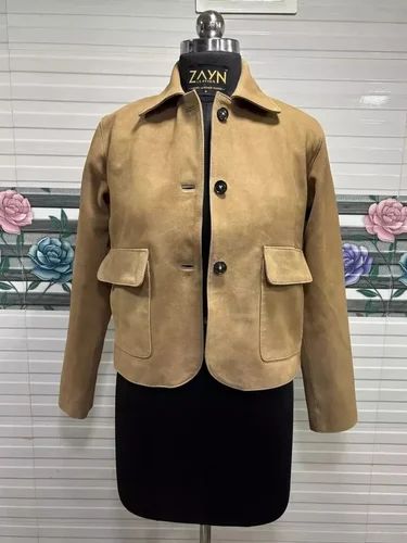 Women's Crop Jacket Real CowHide Beige Suede Luxury Leather Jacket Soft Leather