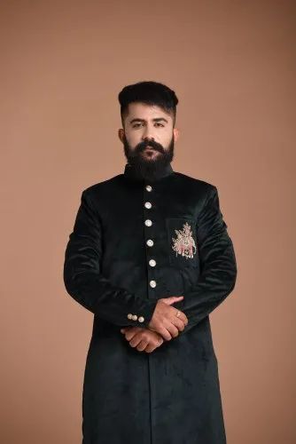Wedding Wear Dark Green Sherwani Achkan in Silky Smooth Velvet Fabric