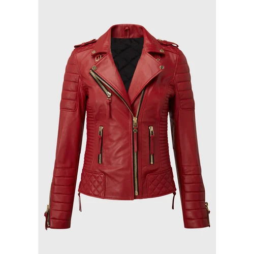Kraftleathershop Red motorcycle gold zip leather jacket