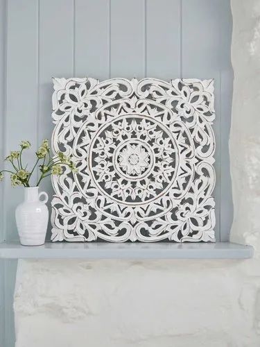 Rustic White 24 Inch Square Shape Mdf Jali Panel For Living Room Decoration, Antique