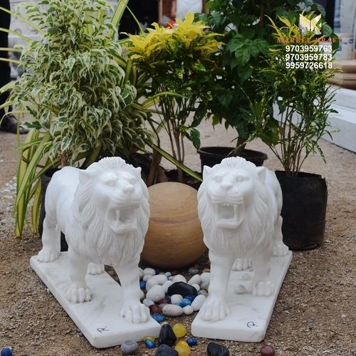 White Marble Lion Statue, Size: 2 Ft