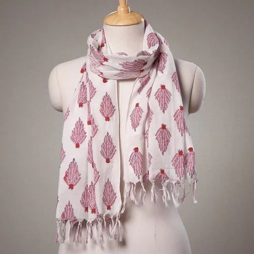 Blue And White Cotton VHT Block Printed Cotten Ladies Stole