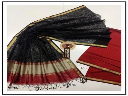 Silk Plain Maheshwari Maroon Red - Black Top Dupatta Material