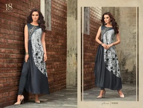 Anarkali Ladies Grey Sleeveless Printed Silk Kurti, Size: M
