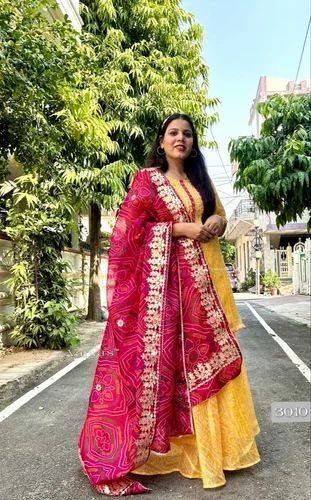 Cotton Designer Ladies Kurta Skirt Suit Set, Stitched, Yellow