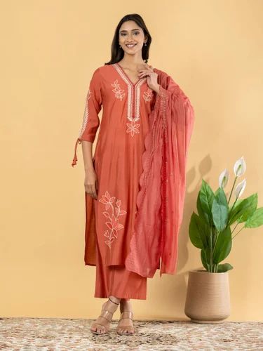 Cotton Straight style Roman fabric Peach color kurta Set, Kurti with Pant & Dupatta