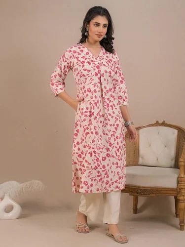 Casual Wear A Line Style Cotton Flex Fabric Pink Color Kurta With Bottom