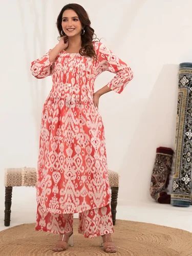 A Line Style Cotton Fabric Peach Color Kurta And Bottom
