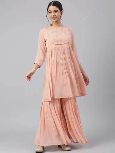 Women's Peach Georgette Thread Work Kurta With Sharara - Quic