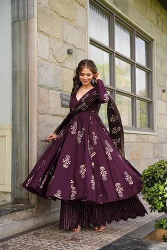 Women's Wine Maslin Digital Print Anarkali Set