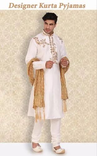 Silk White Embroidered Kurta Pyjama, Dry clean