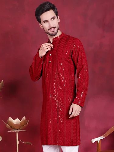 Men's Sequins Chikankari Embroidered Kurta and bottom, Size: 10 year or above, S - Xxl