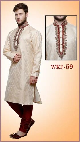 Off White Embroidered Men Long Kurta Pyjama