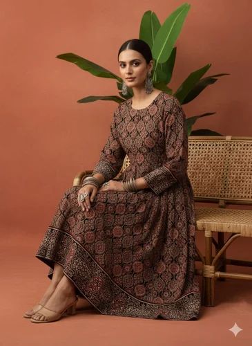Cotton Aajrak Long Kurtis, Set/Stitched Type: Kurti Only