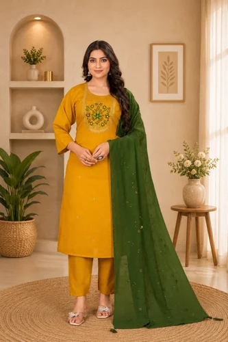 Readymade Mustard Yellow Roman Silk 3-Piece Straight Kurta Set