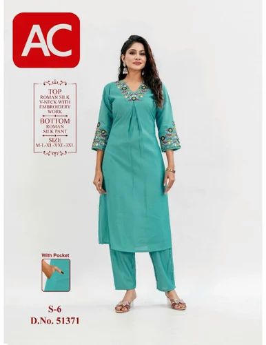 Linen Acfpl Roman Silk 2 Piece Ready to Wear, Work: Embroidery, Readymade