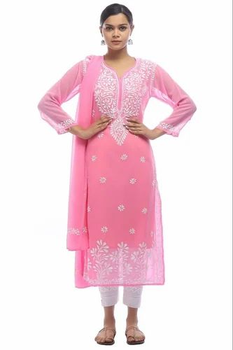 Georgette Pink Lucknowi Suit, Stitched