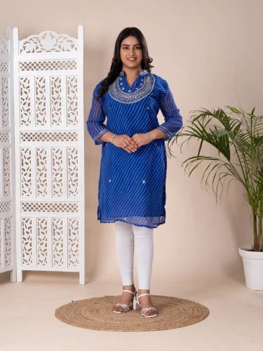 Embroidered Jaipuri Georgette Leheriya Style With Gotapatti Work Kurti