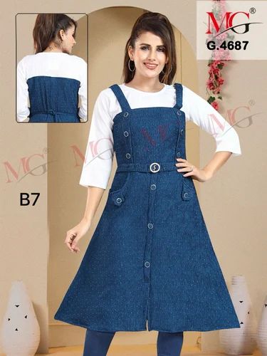 Plain Blue Denim Kurti, Size: XL