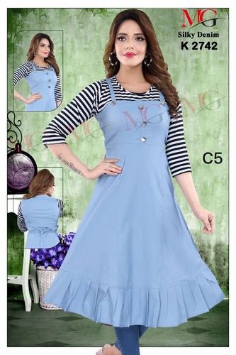 Plain Sky Blue Denim Kurti, Size: XL