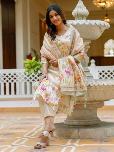 Prisha Floral Printed Handwork Silk Straight Kurta With Trousers & Dupatta Suits