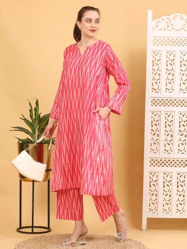 Aarvi Ethnic Pink Ikat Handloom Cotton Kurta Set