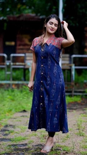 Ikat Ajrakh Cotton A Line Kurta, Size: M