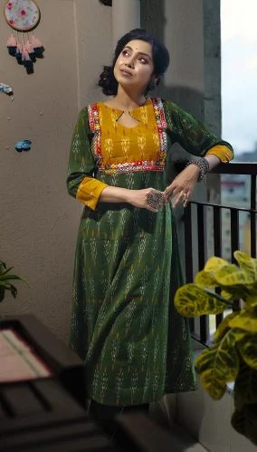 Diamond Neck Ikat Cotton A line Kurta