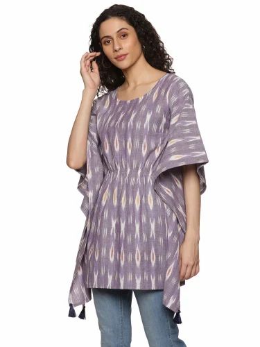 Casual Wear Purple Ikat Cotton Kaftan Kurti, Size: Medium