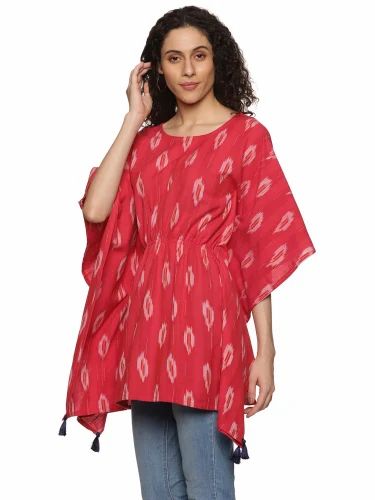 Casual Wear Red Ikat Cotton Kaftan Kurti, Size: Medium